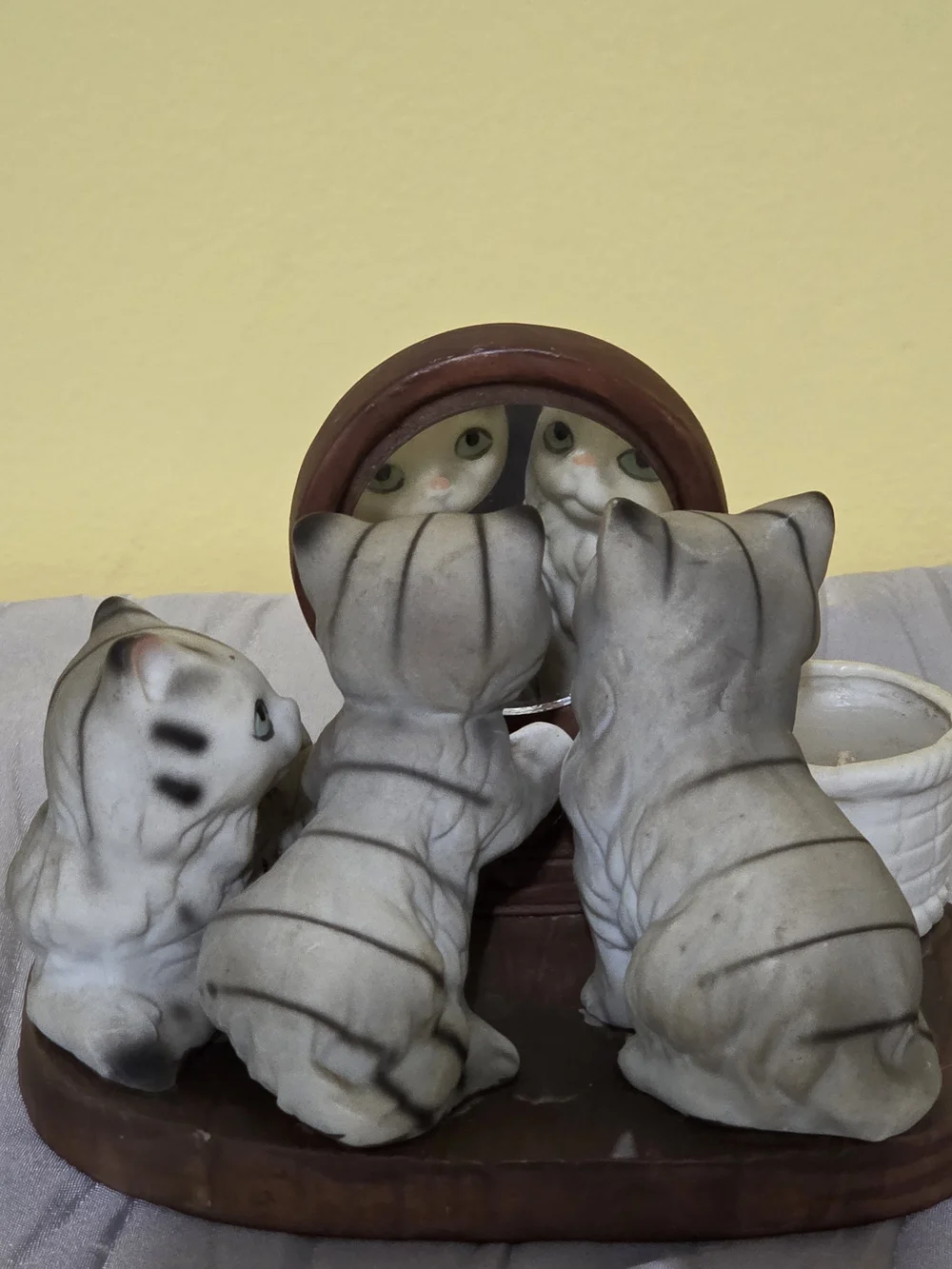 Ceramic Gray Cat Trio Candle Holder with Mirror